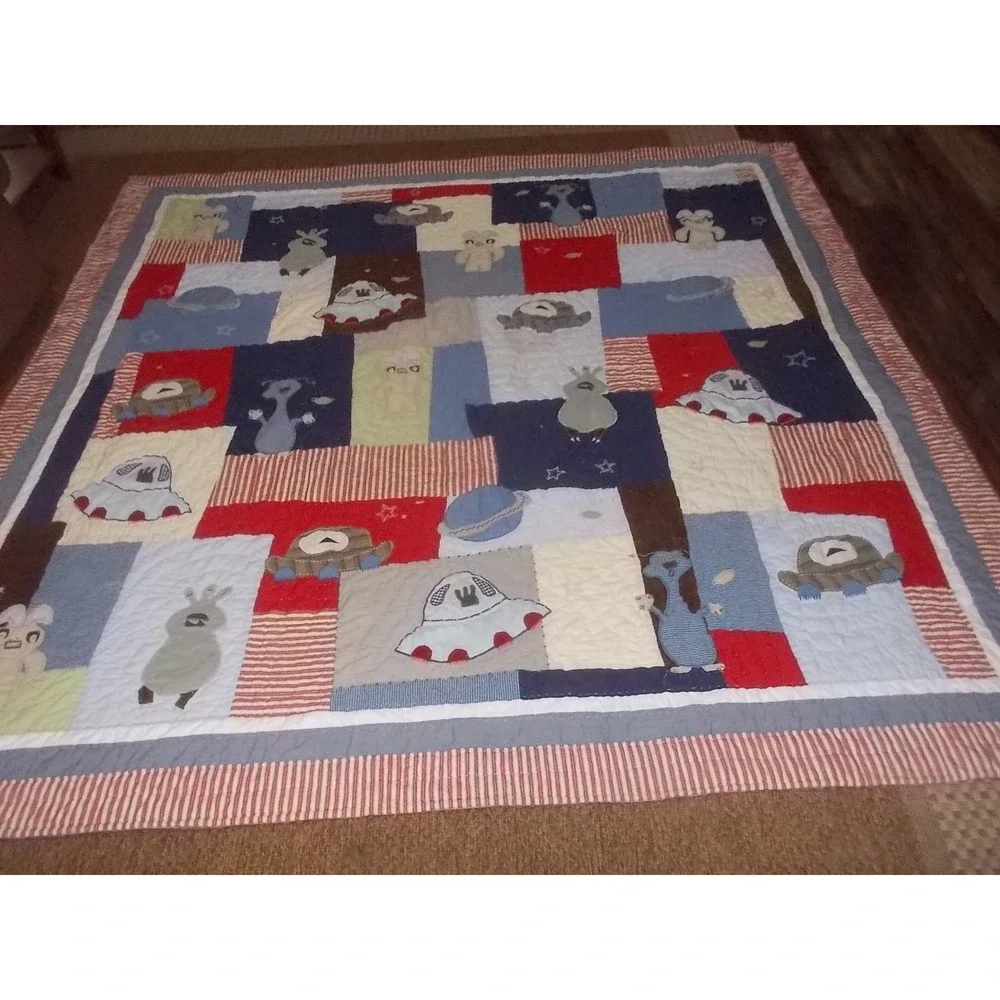 Pottery Barn Kids Outer Space Alien UFO Quilt Full Queen Blue Red Cotton Bedding